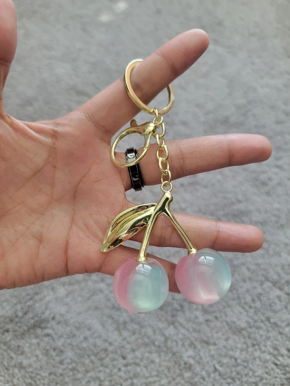 1oc Gold Cherry Keychain with Pink & Aqua Glass Orbs